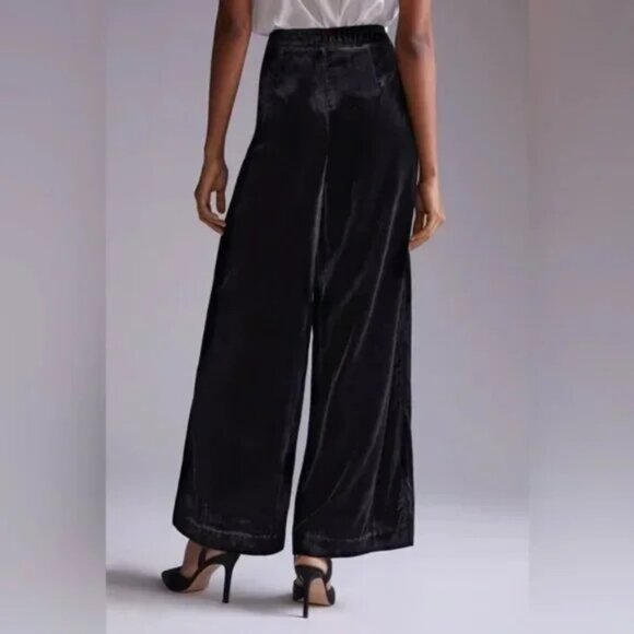 Anthropologie Black Velvet Flowy Wide Leg Pants Side Zipper Button Size 6 - Picture 2 of 15